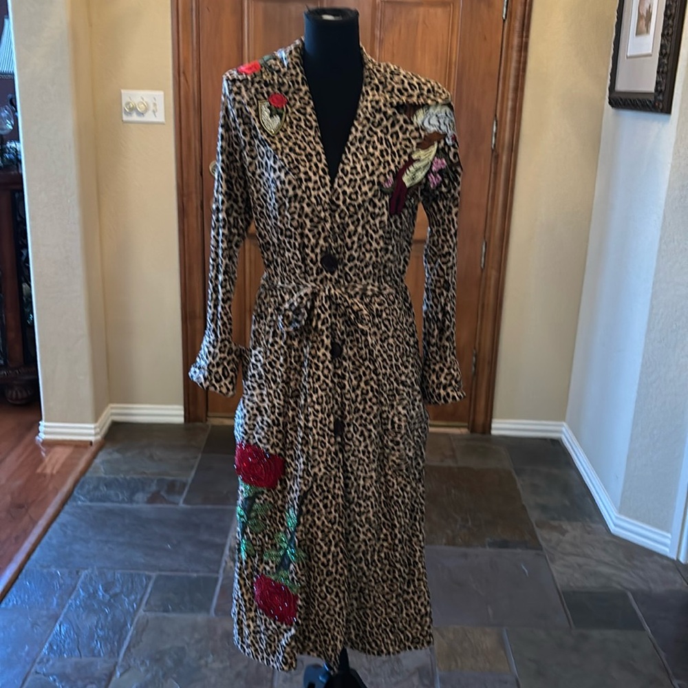 Most fabulousViviana Gabeiras leopard coat with appliqués & beaded roses. Sz: S.